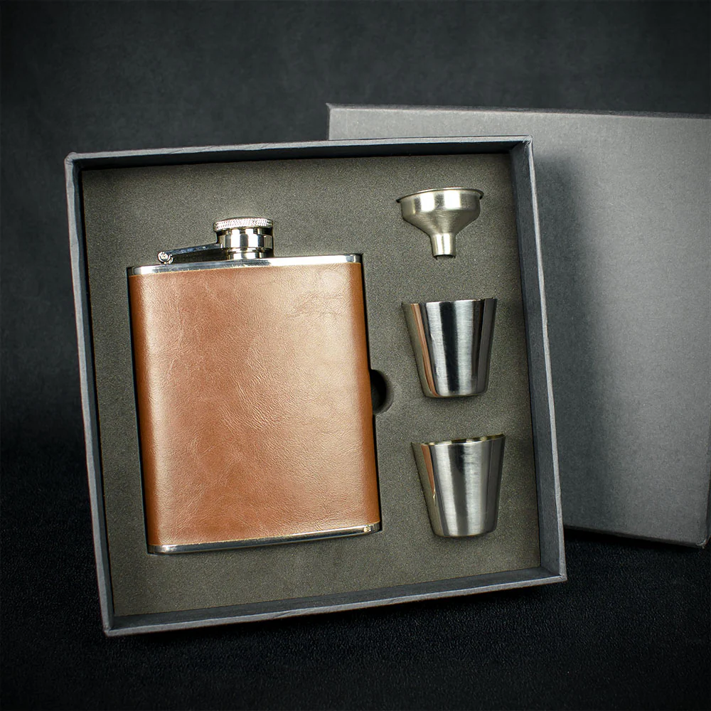 Brown Leather Hip Flask + 2 Cups - 6oz Stainless Steel - Image 2