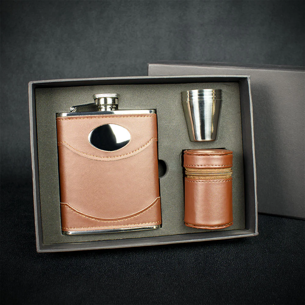 Brown Leather Hip Flask + 4 Cups - 6oz Stainless Steel - Image 2