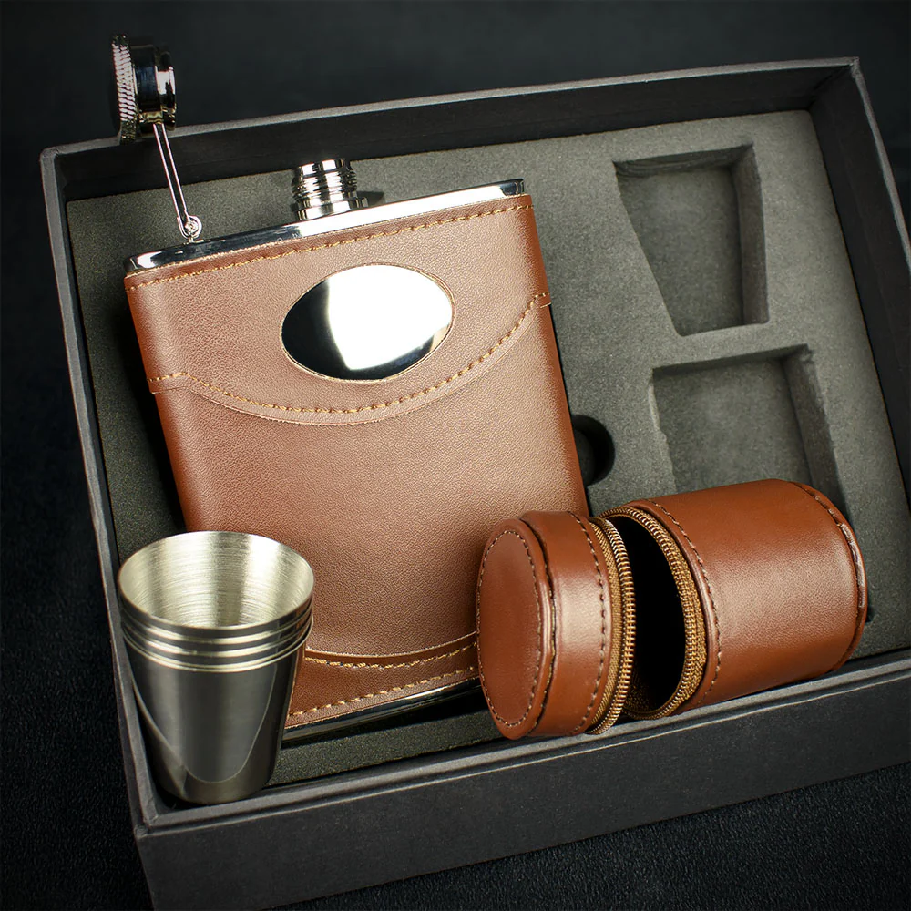 Brown Leather Hip Flask + 4 Cups - 6oz Stainless Steel - Image 3