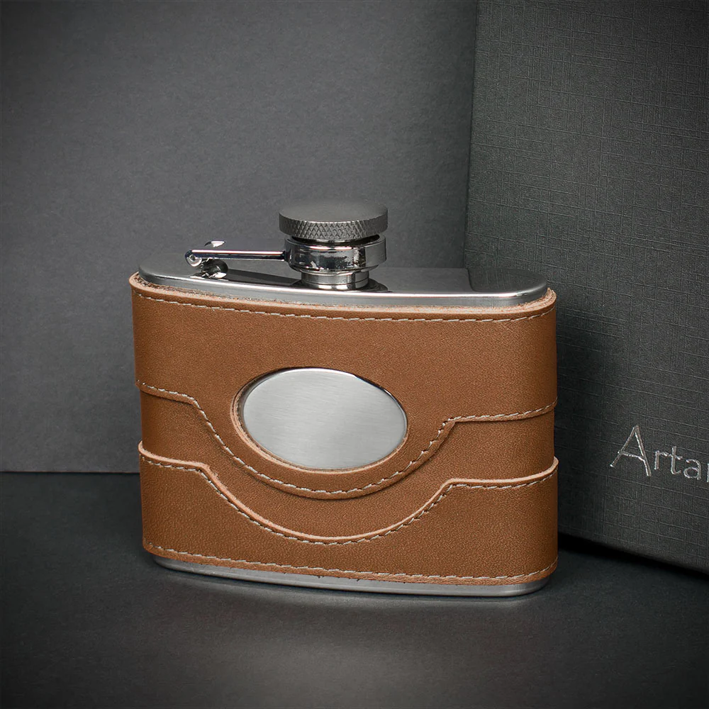 Brown Spanish Leather Hip Flask - 4oz Stainless Steel