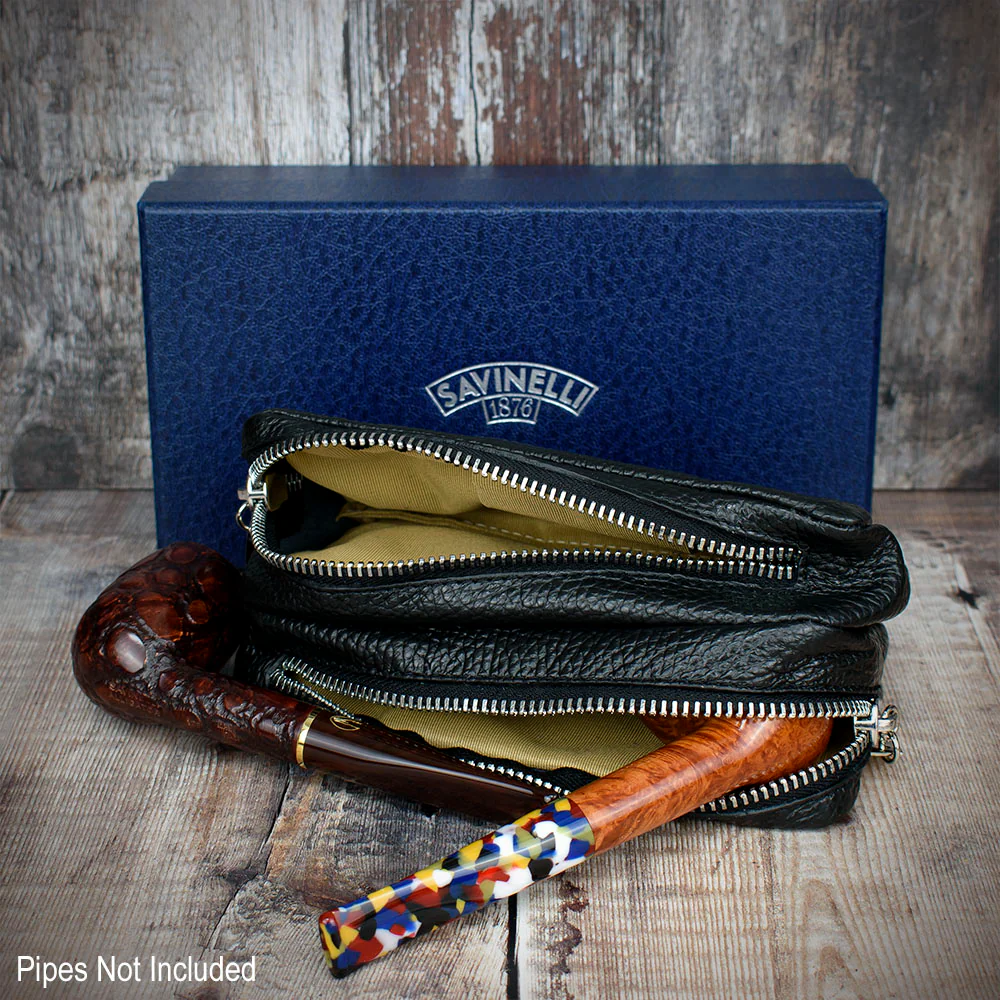 Savinelli Leather 2 Pipe & Tobacco Pouch - Black Weave - Image 4