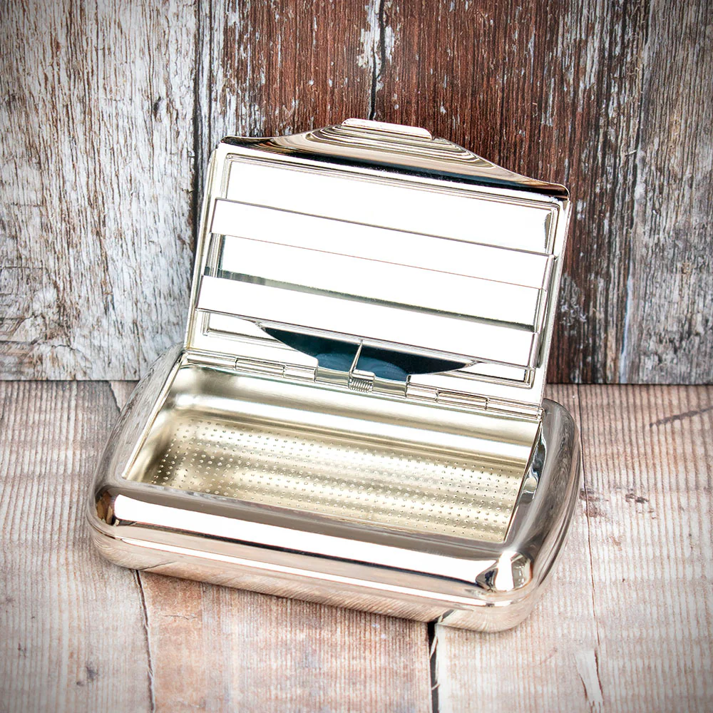 Tobacco Tin with Paper Holder - Polished Chrome with Black Panel - Image 3