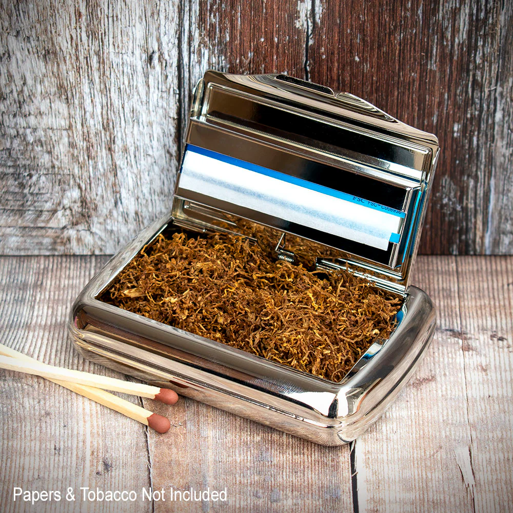 Tobacco Tin with Paper Holder - Polished Chrome with Black Panel - Image 4